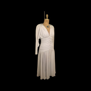 80’s does 20’s Art Deco Chiffon Beaded Dress in Pearl Gray Fitted Waist full skirt