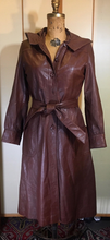 Load image into Gallery viewer, 70s Leather Hooded Trench Spy Rain Fall Coat Reddish Brown Fit and Flare Princess Boho Chic Maroon S/M