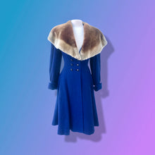 Load image into Gallery viewer, 40’s Vintage Cobalt Blue Fit Flare “New Look” Princess Full Skirt Coat with Massive Shearling Mouton Ombré Collar