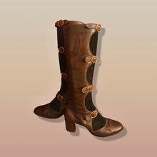 Load image into Gallery viewer, 60’s 70’s Suede and Leather Gladiator Boots with Gold Buckle Hardware Rare Size 7-8.5