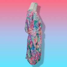 Load image into Gallery viewer, Floral 80’s Dress Silk Pink Blue  Puff Sleeve Pastel Ruched