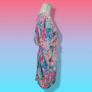 Floral 80’s Dress Silk Pink Blue  Puff Sleeve Pastel Ruched