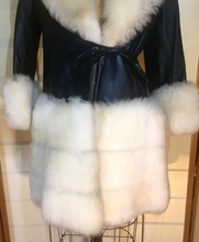 Load image into Gallery viewer, 60s Mod Black Leather Coat and White Sheep Shearling Princess XS/S Penny Lane Almost Famous Boho Mod