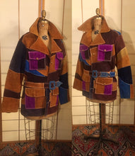 Load image into Gallery viewer, Women's Vintage 70s Patchwork Suede Belted Leather Coat Purse Set Purple Blue Brown Yellow Plus Size Boho