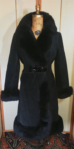 Black Suede 70s Shearling Leather Penny Lane Coat Almost Famous S/M Mid Length Boho Goth Hippy Princess