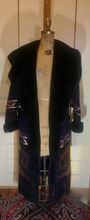 Load image into Gallery viewer, Purple Suede Aztec Patchwork Fringe Native American Leather Warm Cozy Pink Magenta Beaded Sheared Fur Long Coat M/L