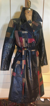 Load image into Gallery viewer, 70s Leather Coat l Patchwork Fit Flare S/M Trench Spy Boho Chic Mosaic