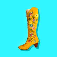 Load image into Gallery viewer, Iconic 70’s Mustard Yellow Suede Floral Embroidered Boots size 7 Wooden Heel