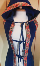 Load image into Gallery viewer, Hooded Blue Suede 70S Vest Long Satin Embroidered Orange Thick Leather Small Extra Long Hippy Chic Hippy Sleeveless Coat Russian Princess