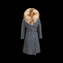 Load image into Gallery viewer, 60’s 70’s Blue Carpet Coat Needlepoint Tapestry with Norwegian Fox Fur Belted