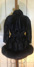 Load image into Gallery viewer, Vintage 60s Coat-- Velvet Genuine Fox Fur Black Swing or Princess Style Faux Persian Lamb Crystal Belt Pinup Mod S/M/L