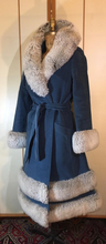 Load image into Gallery viewer, Vintage Coat-60s Blue Shearling and Wool Velvet/Velveteen Fit and Flare Princess Mod Boho Wrap Coat S/M/L Flexible Size