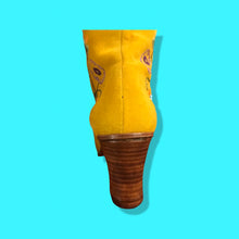 Load image into Gallery viewer, Iconic 70’s Mustard Yellow Suede Floral Embroidered Boots size 7 Wooden Heel