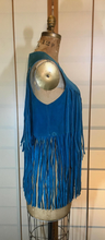 Load image into Gallery viewer, Vintage Suede Fringe Vest- Teal Turquoise Mid Length 70s Hippy Bohemian Hipster Chic Shabby Chic S/M Cow Girl Native American Cow Boy