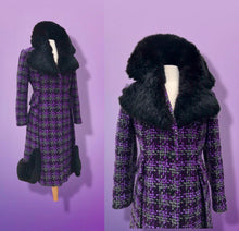 Load image into Gallery viewer, 60’s Purple Woven Wool Coat with Genuine Fur Peplum and Collar Plaid