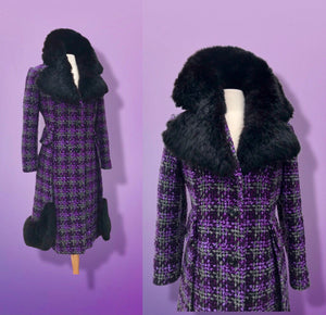 60’s Purple Woven Wool Coat with Genuine Fur Peplum and Collar Plaid