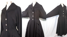 Load image into Gallery viewer, Black Wool Princess Fit and Flare 1940s 1950s Fit and Flare Coat Dress Post World War II Medium Rhinestone Crystal Button New Look reserved for Elizabeth
