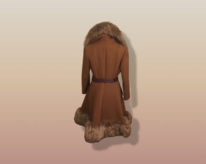 60’s Caramel Lilli Ann Shearling Fit and Flare Princess Coat with Belt Clutch Purse Set Beaded