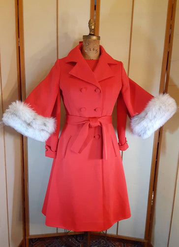 60s Red Lilli Ann Coat Dress Set Cape Sleeves Fox Fur Mad Men Holiday Christmas Angel Sleeve