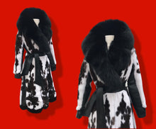 Load image into Gallery viewer, Couture  New Jaguar Mink Fox Fur Lamb Leather Princess Scalloped Coat Black and White Brand New