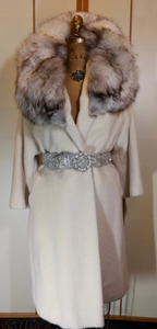 Lilli Ann 50s 60s Norwegian Fox Fur Collar Wool Swing Coat Cream White Free Size Beaded Belt S/M/L