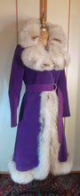 Load image into Gallery viewer, Vintage Women's Coat- Purple Suede 70s Silver Fox Fur Trimmed Princess Pinup Hippy Coat Afghan Penny Lane Almost Famous
