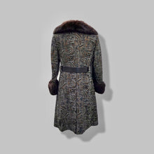 Load image into Gallery viewer, 60’s Mod Vintage Tapestry Wool Carpet Coat Black and Brown with Genuine Fur Trim