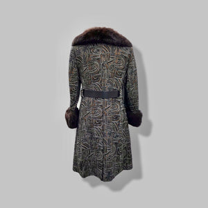 60’s Mod Vintage Tapestry Wool Carpet Coat Black and Brown with Genuine Fur Trim