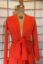 Load image into Gallery viewer, 1970s Plunging Red Dress &quot;Lady in Red&quot; Plunging Knotted Neckline Empire Dress M/L Made in Paris