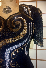 Load image into Gallery viewer, 80s Dynasty Glam Silk Beaded Sequined Dress Gold and Black Sweetheart Neckline Prom M/L