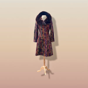 60’s Vintage Coat Floral Tapestry Carpet Mink Collar Colorful