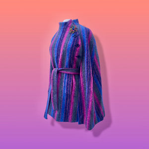 60’s 70’s Purple Blue Pink Magenta Cape Poncho 100% Wool Made in Ireland