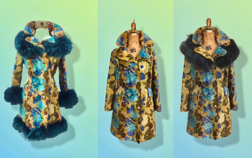 60’s Tapestry Carpet Brocade Coat Teal Green Fur Trim