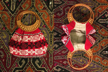 Load image into Gallery viewer, Vintage 70s Matching Skirt and Purse Set Ethnic South American Red White Cotton with Wicker Handle Bag up to 36" Waist Skirt Boho Brocade