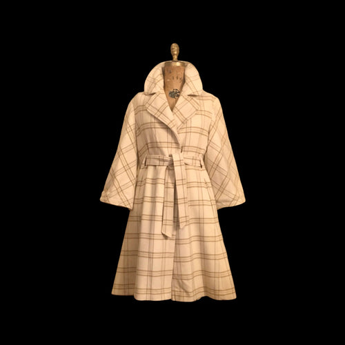 60’s Cream White Plaid Wrap Wool Fit Flare Coat Neutral Natural Colors Belted