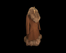 Load image into Gallery viewer, 60’s Caramel Lilli Ann Shearling Fit and Flare Princess Coat with Belt Clutch Purse Set Beaded