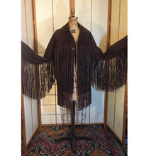 Load image into Gallery viewer, 70s Vintage Coat Jacket with Extra Long Dark Brown Suede Fringe Rare Modern Size Unisex Hendrix Studio 54 Southwestern Native Cowgirl Cowboy