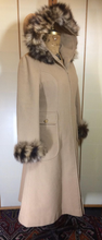 Load image into Gallery viewer, 60s 70s Hooded Camel Coat with fox Fur Tiger Striped S Princess Fit and Flare Boho Mod hIPPY Russian Princess Penny Lane Almost Famous