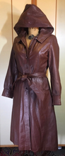 Load image into Gallery viewer, 70s Leather Hooded Trench Spy Rain Fall Coat Reddish Brown Fit and Flare Princess Boho Chic Maroon S/M