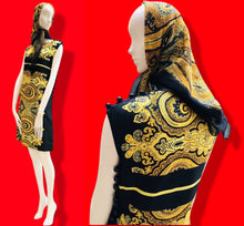 Load image into Gallery viewer, 60’s Silky Set Shift Dress Marching Scarf Navy Gold