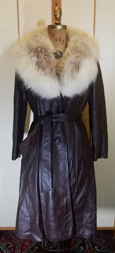 70s Leather Trench Coat With Huge Fox Fur Collar Quilted inside Fit Flare Boho Princess Spy S/M