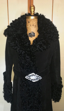 Load image into Gallery viewer, Black Suede Leather Curly Lamb Mongolian Penny Lane Almost Famous Hippy Shearling Russian Princess Coat S/M Full Length Long