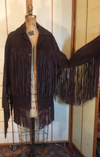 Load image into Gallery viewer, 70s Vintage Coat Jacket with Extra Long Dark Brown Suede Fringe Rare Modern Size Unisex Hendrix Studio 54 Southwestern Native Cowgirl Cowboy