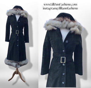 70’s Black Suede Hooded Fox Fur Coat