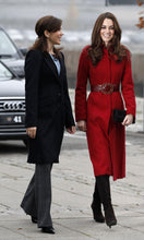 Load image into Gallery viewer, Red Wool Mod 60s Coat Double Breasted Princess Cut Fit Flare Belted Small Kate Middleton Style Pinup Career Coat