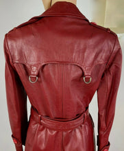 Load image into Gallery viewer, Leather Coat Spy Trench Belted Fit and Flare Deep Red Small Small Hardware Double Breasted Petite