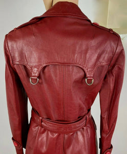Leather Coat Spy Trench Belted Fit and Flare Deep Red Small Small Hardware Double Breasted Petite
