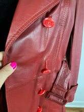 Load image into Gallery viewer, Leather Coat Spy Trench Belted Fit and Flare Deep Red Small Small Hardware Double Breasted Petite