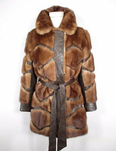 70s Vintage Mink Leather Coat --Honey Mink Brown Leather Geometric Patchwork S/M