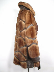 70s Vintage Mink Leather Coat --Honey Mink Brown Leather Geometric Patchwork S/M